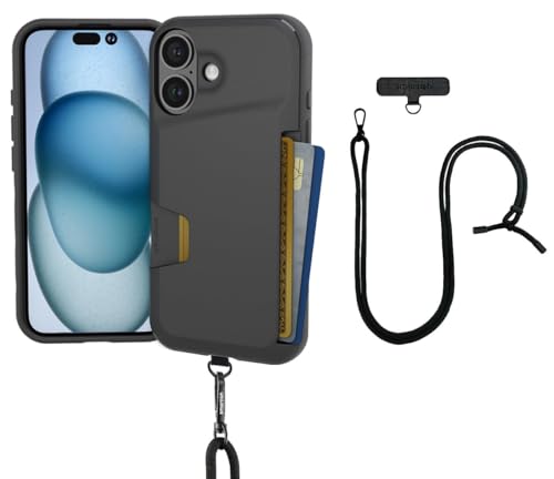 Image of Smartish iPhone 16 Wallet Case with Crossbody Lanyard Strap - Wallet Slayer Vol. 1 - [Slim + Protective] Credit Card Holder with Universal Detachable Shoulder Neck Strap - Black Tie Affair