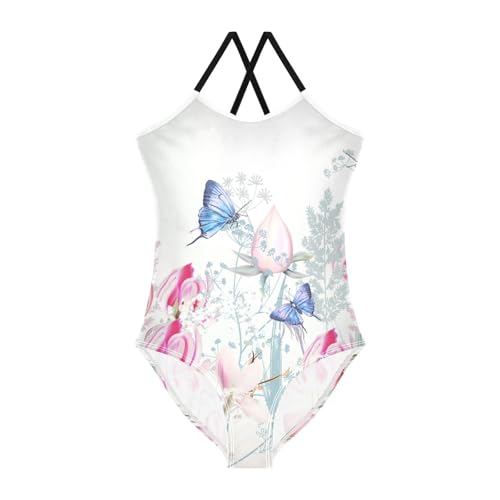 Girls One Piece Swimsuits Pink Tulip and Butterflies Sport Halter Swimwear Beach Bathing Suit,7-8T