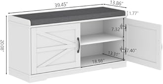 Loomie Shoe Storage Bench, 2-Tier Farmhouse Entryway Bench with Padded Seat Cushion, 13.78" D x 39.37" W x 19.69" H, Slim Shoe Cabinet Bench for Entryway, Living Room, Bedroom (White)