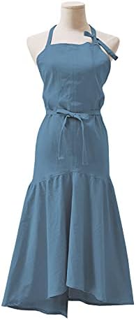 Women Kitchen Apron Cotton Linen Fishtail Lengthened Slim Apron Adjustable Belt Gentle Pink Apron For Cooking Baking