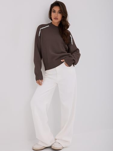 ZAFUL Sweaters for Women Crewneck Loose Fit Long Sleeve 2025 Fall Fashion Contrast Knit Pullover Tops