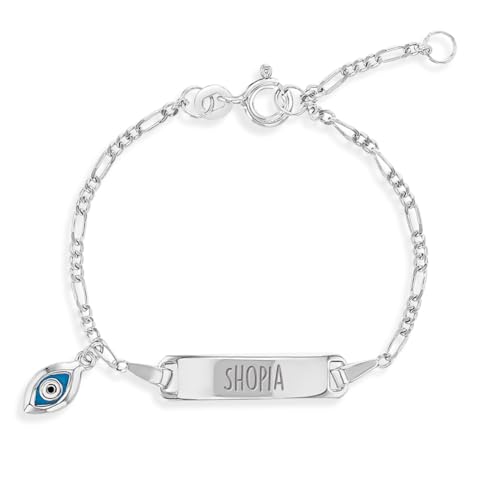 925 Sterling Silver Adjustable Unisex Evil Eye Protection Engravable Tag Kids ID Bracelet - Name Plate Identification Bracelet for Babies & Toddlers - Personalized ID Bracelet for Children