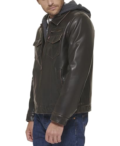 Image of Levi's Men's Faux Leather Hooded Trucker Jacket With Sherpa Lining (Regular & Big & Tall Sizes)