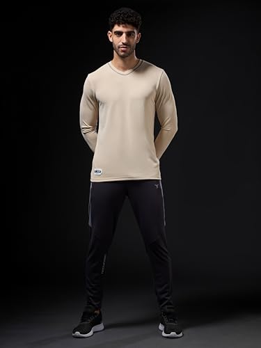 Image of TECHNOSPORT Men Polyester Slim Fit Full Sleeve Solid Textured V-Neck T-Shirt with Anti Microbial, SPF50+ Protectial for Regular Use, Gym and Workout