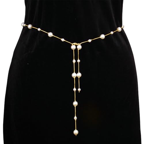 Longita Pearl Chain Belt Gold Chain Belt for Women Fashion Plus Size Gold Waist Chains Metal Pearl Waist Belts Chains Trendy Belly Belts for Women Dress
