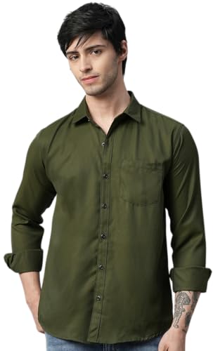 Image of TB Trybuy.in Men's Classic Button-Down Shirt, Olive Army Green, Long Sleeve, Regular Fit, Casual,Business & Formal Wear