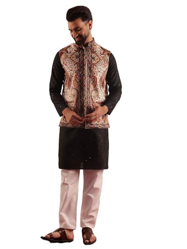 Image of SOJANYA Men's Silk Blend Black Kurta & White Pyjama With Velvet Paisley Design Nehru Jacket