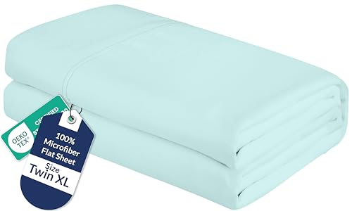 Image of Royale Linens Twin XL Flat Sheet - Ultra Soft Brushed 1800 Microfiber Flat Sheets Only - Wrinkle Free & Stain Resistant - Hotel Quality Top Sheet for Bed (Twin XL, Aqua)
