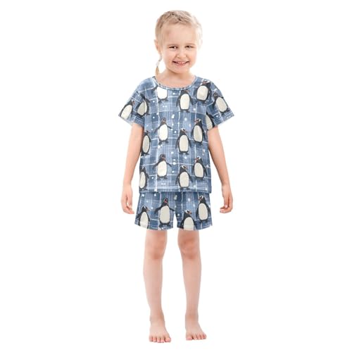 ALAZA Penguin Plaid Christmas Blue Pajamas Set Short Sleeve Cotton Sleepwear Summer Pjs 2 Piece 5-14Y3