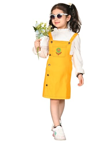 Image of superminis Girls Twill Denim Solid Color Dungree /Dress With Embroidered Pocket (1 Dress,1 Tee)