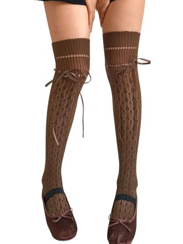 ShawGobow Over Knee Socks With Bows Patterned Thigh High Stockings Women Cute Long Sock For Boots Brown Size 0-10