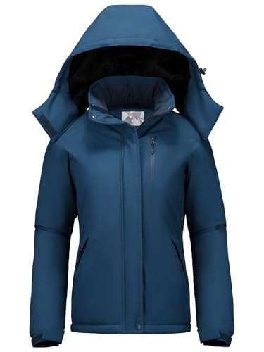 OutPro Chaqueta de invierno para mujer, impermeable, chaqueta de esquí y snowboard, con capucha, forro grueso de plumón de ganso, doble bolsillos laterales, chaqueta de senderismo con cremallera para