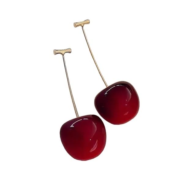 (1 Pair) Korean Style Red Maroon Shaded Cherry Drop Earrings For Women And Girls | Cherry Design Fruit Dangle Earrings Stylish Fashion Alloy Love Gifts Jewellery