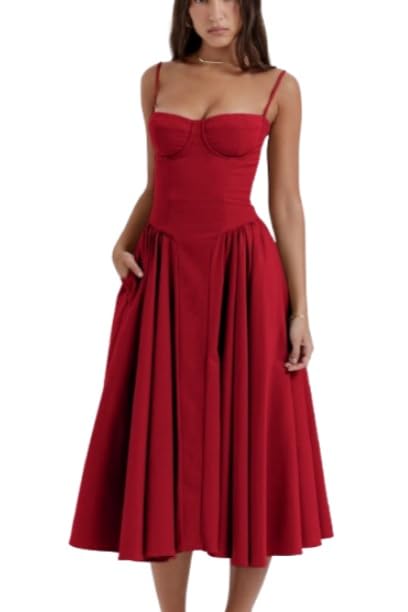 Sommerkleid Lang Damen Korsett Sundress Elegant Spaghetti Midikleid Frauen A Linie Milkmaid Dress Ärmellose Boho Festliches Kleid Cocktailkleid...