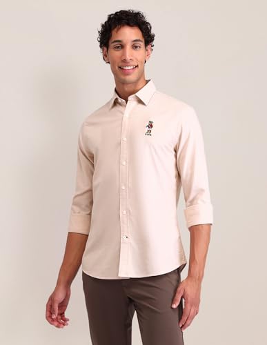 Image of U.S. Polo ASSN. Solid Tailored Fit Shirt for Men - 100% Cotton, Breathable & Comfortable, Full Sleeves Casual Shirt for Men