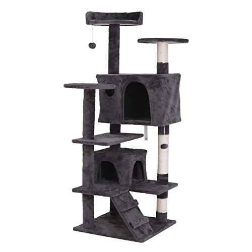 Torre para gatos multi-niveles de 53 pulgadas con caseta y postes rascadores gris miniatura 1