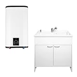 Solución completa: conjunto compuesto por acumulador de agua caliente de 10 l, armario para fregadero, fregadero, grifería con ducha extraíble y práctico dispensador de jabón.