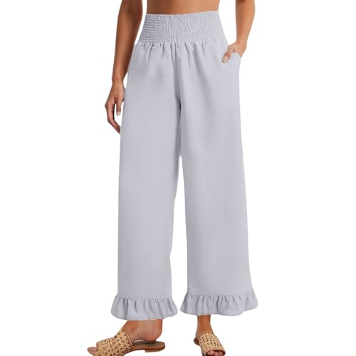 Image of Palazzo Pants for Women Linen Smocked Elastic Waist Ruffle Wide Leg Pants Summer Beach Flowy Boho Pant with Pockets