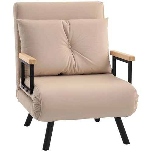 Image of HOMCOM Single Chair Bed, Click Clack Convertible Bed Settee, Modern Velvet Feel Fabric Chair Couch with 1 Tufted Cushion, Wood Armrests, for Living Room, Bedroom, Guest Room, Beige
