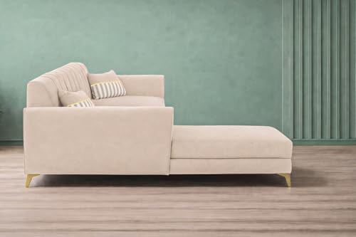 Image of Adorn India Premium Luster 6 Seater L Shape Sofa Set | Velvet Suede Fabric | 3-Year Warranty | LHS |Color Cream with Golden Legs & Striped Pattern Cushion