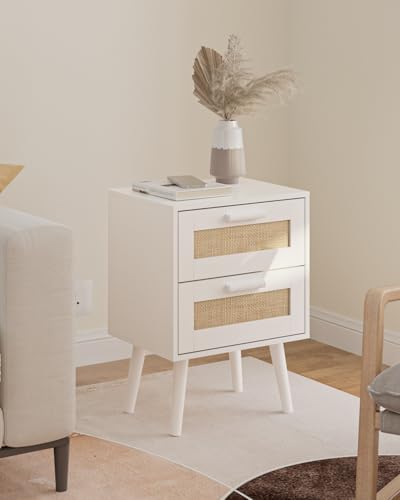 Image of Masupu Rattan Night Stand, Modern nightstand Boho Bedside Table with 2 Drawer, Small End Side Table for Bedroom,Living Room,Office,White