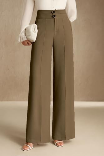 Image of SAKHWALA Women's High Waist Wide Leg Formal Trousers with Double Button Waistband | Office Wear & Casual Wear Pants with Side Pockets - Beige, Grey & Pink