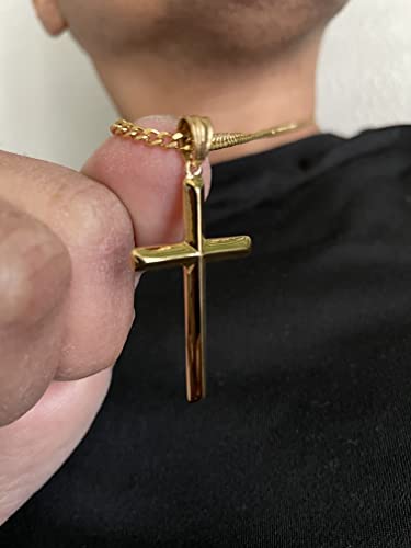 24K Gold Chain Style Cross Pendant Necklace Solid plated Clasp for Men,Women,Teens Thin Charms Miami Cuban Link Diamond Cut Religious Beveled Edge2