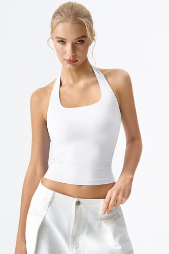 Image of QINSEN Womens Halter Top Double Lined Tank Top Sleeveless Open Back Slim fit Going Out Tops