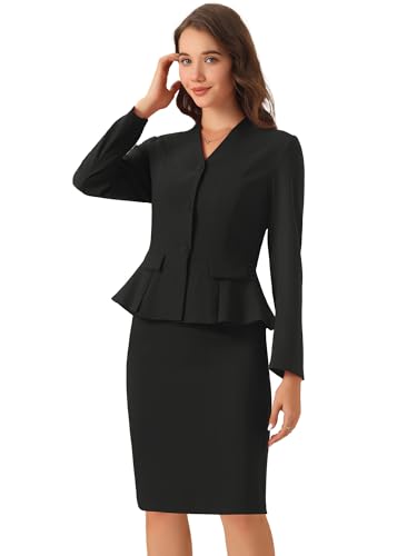 Allegra K 2 Piece Skirt Sets for Women Long Sleeve Blazer and Pencil Skirt Business Suits Small Black