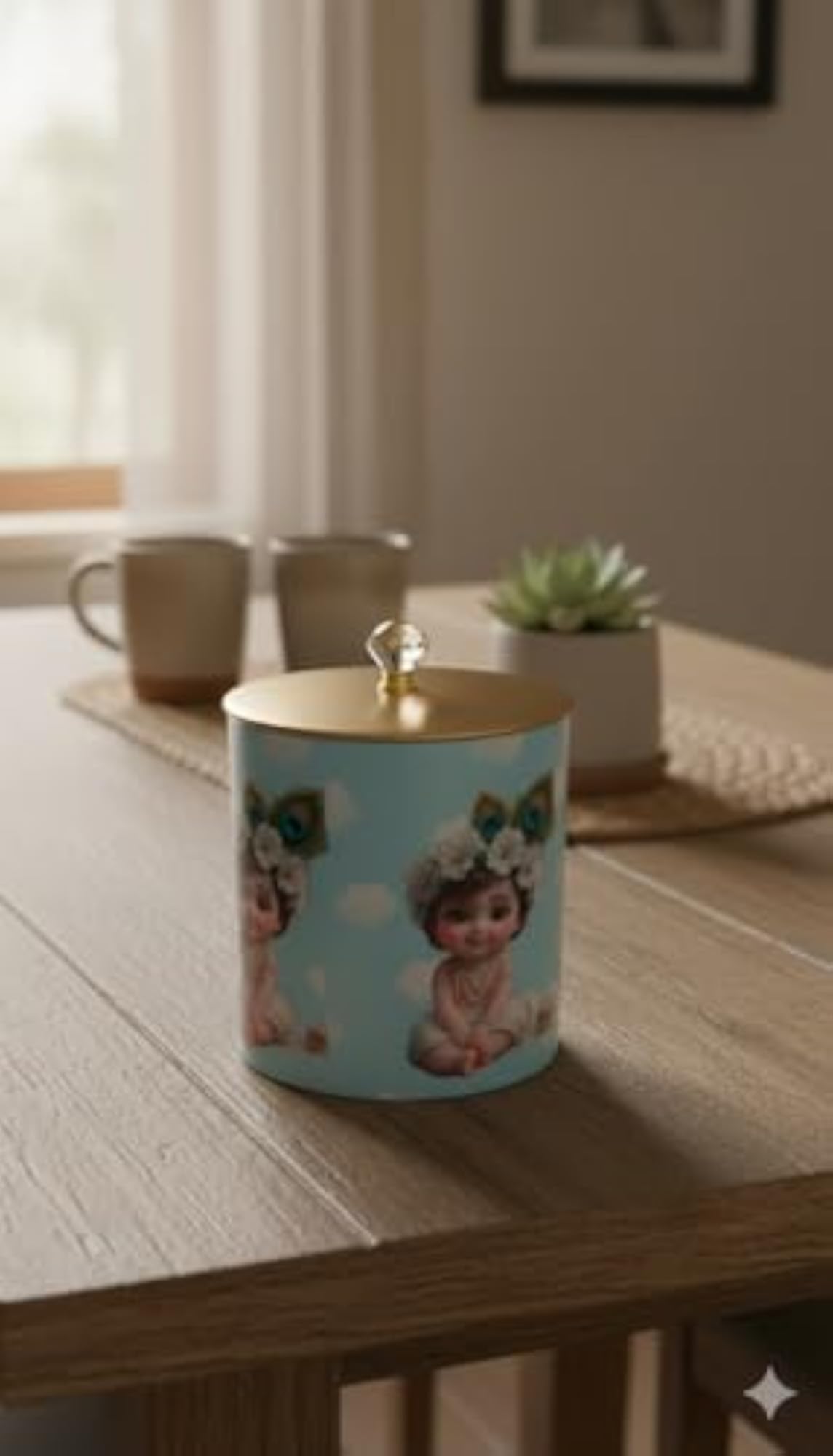 Decorative Ceramic Storage Jar with Gold Lid, Sky Blue
