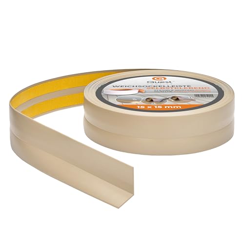 Quest Plinthe Souple Autoadhésive - 15 mm x 15 mm - Bande de finition en PVC pour cuisine, salle de bain - Bande d'étanchéité - Flexible, Etanche, Décorative (Beige, 5m)