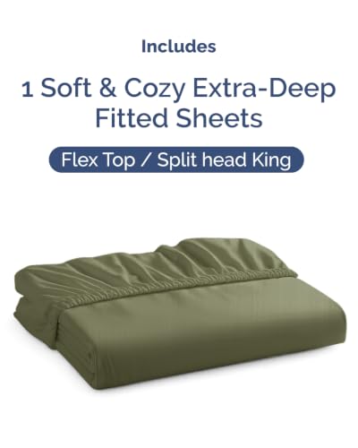 Image of Extra Deep Flex Top Split Head King Fitted Sheet - Hotel Luxury Single Fitted Sheet Only - Easily Fits 18 inch to 24 inch Mattress - Ultra Soft, Wrinkle Free w /Extra Deep Pockets - Sage Green