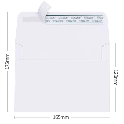 Eupako Briefumschläge DIN C6 (100 Stück), selbstklebender Briefumschlag ohne Fenster, Weiße -ldeal für Fotos Einladungen zu Hochzeit Abschlussfeier Babyshower und RSVP, 165 x120 mm, 120 g/m²