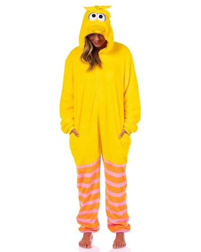 Sesame Street Big Bird Adult Onesie Pajama Hooded Fleece Costume Union Suit with 3D Face Design (Big Bird Small/Medium)