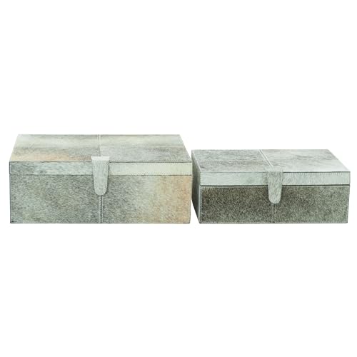 Deco 79 Leather Handmade Box with Hinged Lid, Set of 2 17", 14"W, Gray