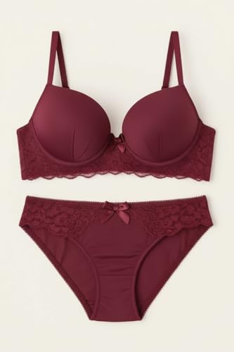 Image of Women's Elegant Lace Trim Padded Lingerie Set with Bow Detail, Push-Up Bra and Matching Panty, Available in six Colours