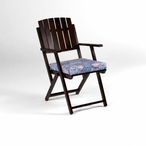 Image of WELL KNOWN Set of 2 Wooden Folding Chairs, Blue Cushion | Cushion Seat & Armrests, Walnut Finish Solid Wood, Patio, Balcony & Garden, Space Saving, Indoor Outdoor Furniture