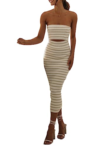 NUFIWI Women Summer Strapless Knitted Long Dress Off Shoulder Striped Cutout Midi Dress Bodycon Backless Beach Sun Dress2