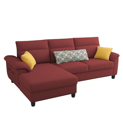 Image of Casaliving Seams LHS 4 Seater L Shape Sofa for Living Room (Maroon Fabric) Premium Fabric Sofa