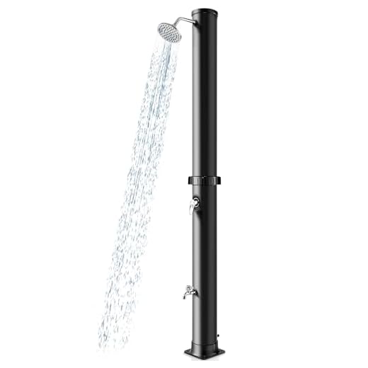 Goplus 10 Gallon Solar Heated Outdoor Shower, 7.2 FT Freestanding Garden Pool Shower with Rotating Shower Head, Temperature Adjustment & Foot Shower, for Outside Backyard Beach (Black)