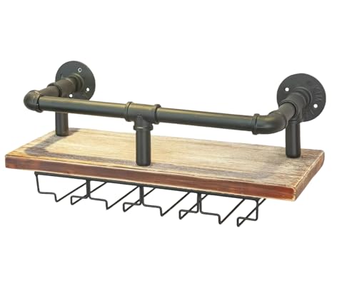 WAKI HOME Industrial Wall Mounted Wine Rack, Wine Bottle Stemware Glass Rack, Floating Shelf Pipe Hanging Shelving with Glass Holders for Wine Glasses, Flutes, Mugs, Home Décor, Kitchen, Bar