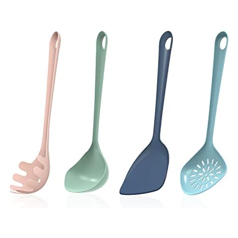 Empava Kitchen Utensils Set of 4 Pcs - Non Stick Spatula|Spaghetti Spoon|Soup Ladle|Slotted Spoon, Nylon Utensil Set, Pasta Spoon, Ladel Spoon, Skimmer Spoon, Spatulas for Cooking Non Stick, Turner Cover