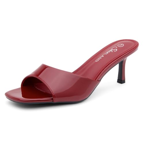 Image of Shoe Land Women's Low Heels Stiletto Heeled Slides, Open Toe One Band Slip-On Heeled Mules - Dressy Heeled Sandals for Prom, Party Wedding and Vacation