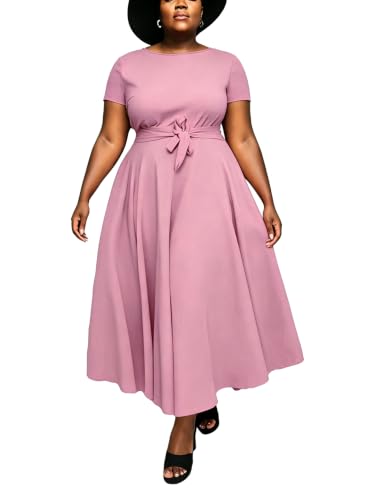Image of Hostoyo Women Plus Size Formal A Line Maxi Dress Self Tie Waist with Pockets Elegant Round Neck Swing Long Dresses