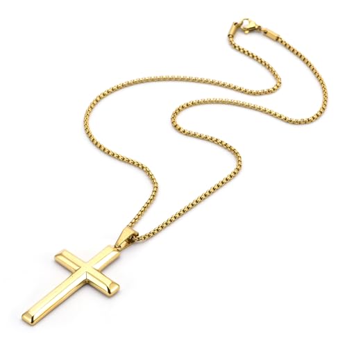 Stainless Steel Cross Necklace, 24 Inch Link Chain, Polished Beveled Edge Pendant4