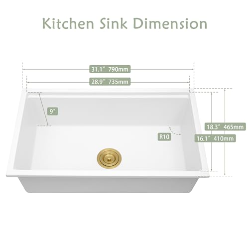 Image of White Kitchen Sink 31 inchx 18 inch,White Granite Composite Kitchen Sinks with Ledge & Gold Accessories, 31 Inch Quartz Stone Kithcen Sink，31 inch x 18 inch x 9 inch Large and Deep Single Bowl Workstation Sinks