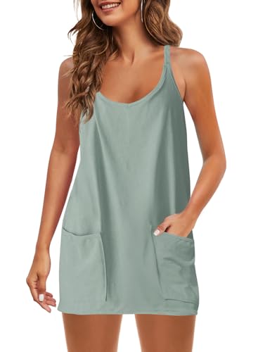 Image of Panadila Womens Summer Sleeveless Mini Dress V Neck Spaghetti Strap Sundress Athletic Short Dress with Pockets