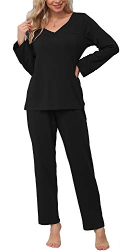 POKWAI Women's Pajamas Sets Long Sleeve Sleepwear Nightwear(Black,Large)
