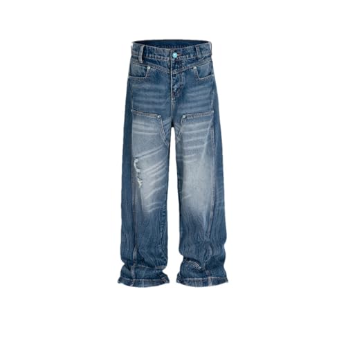 Men and Women Distressed Jeans Streetwear Washed Baggy Denim Trousers Ripped Hole Loose Cargo Pants
