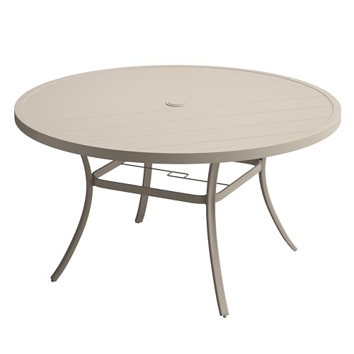 Image of VICLLAX 63 inch Outdoor Round Patio Table with Umbrella Hole, All Weather Metal Round Outdoor Dining Table for Lawn Garden, 8-10 Person Table, Sandshell